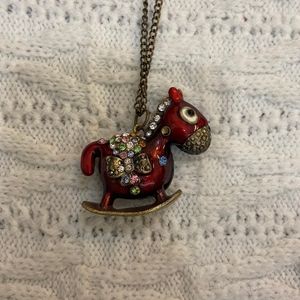Enamal Red Rocking Horse with Rhinestones and Brass Chain
